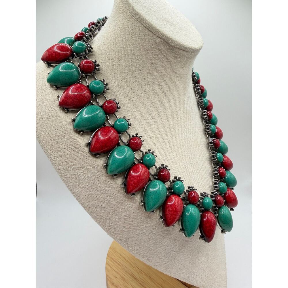 Southwest Statement Necklace Set | Turquoise Coral Style Bib Necklace + Bracelet - Picture 3 of 7